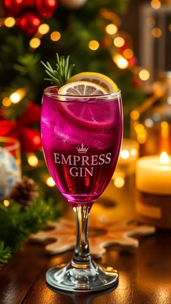 A colorful Empress Gin cocktail garnished with lemon and rosemary in a festive setting.